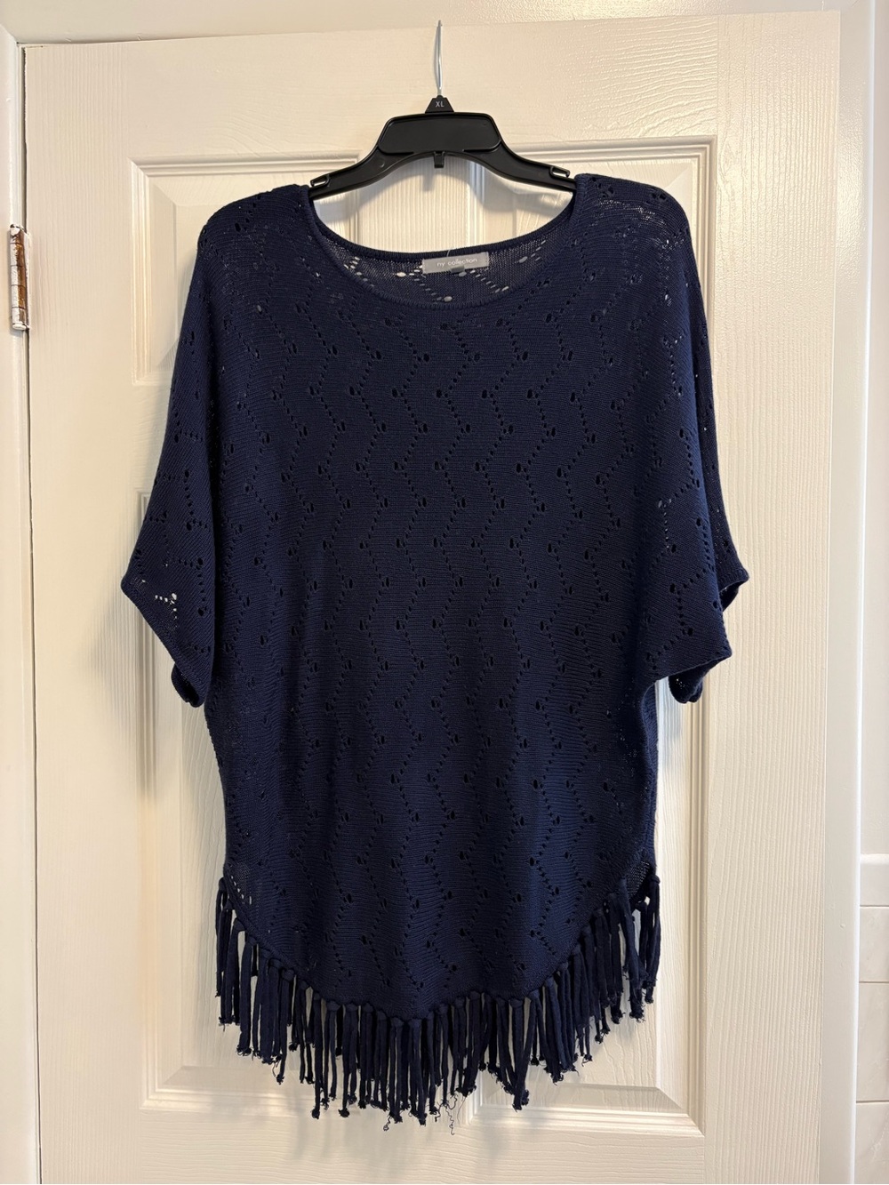 NY Collection Navy Fringe Knit oversized short sleeve sweater size medium